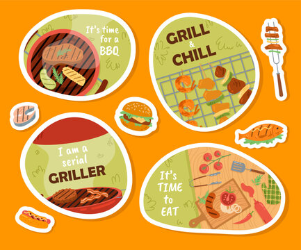 Barbecue stickers set. BBQ and grilled meat. Picnic outdoor. Spring back yard party invitation postcards. Bacon and sausage. Cartoon flat vector collection isolated on orange background