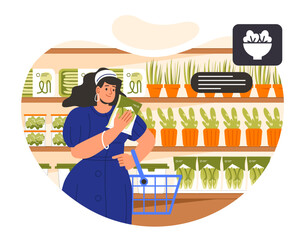 Buying fresh microgreens concept. Woman with cart near sprouts in flowerpots. Gardening and horticulture, botany and floristry. Cartoon flat vector illustration isolated on white background