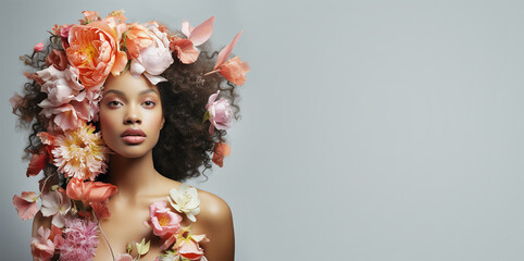 Dark skin women with flowers in her hair at light gray background
