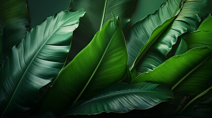 Background: lush green banana leaves in a tropical jungle. lush tropical forest, against the abstract pattern of light and shadow, natural background, seamless banner offers copy space