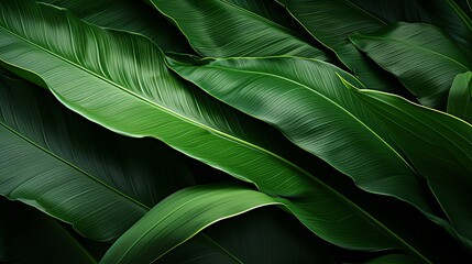 Background: lush green banana leaves in a tropical jungle. lush tropical forest, against the abstract pattern of light and shadow, natural background, seamless banner offers copy space