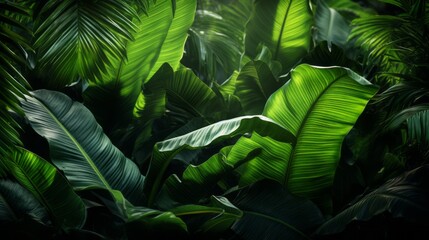 Background: lush green banana leaves in a tropical jungle. lush tropical forest, against the abstract pattern of light and shadow, natural background, seamless banner offers copy space