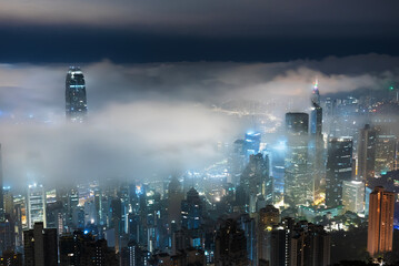 Night scenery of skyline of Hong Kong city in fog - 684582190