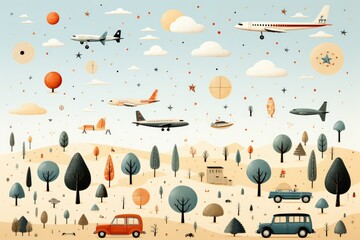 Children's Memphis-style illustrations in delicate beige tones in the theme planes sky animal journey , colors sandy yellow pale blue beige white gray lots of white light green orange red blue lilac  - obrazy, fototapety, plakaty