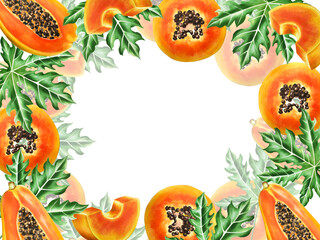 Marker frame and templates with sweet ripe slice of papaya with grains in watercolor style. Hand drawn realistic tasty organic illustration of exotic tropical fruit isolated on background. For