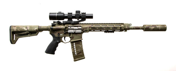 A modern carbine with an optical sight and a silencer. Weapons in camouflage coloring. Isolated on white back
