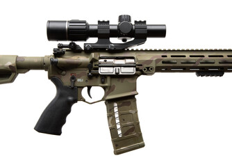 A modern carbine with an optical sight and a silencer. Weapons in camouflage coloring. Isolated on white back