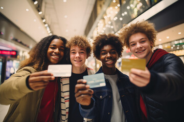 Diverse group of teenagers shopping in the mall - obrazy, fototapety, plakaty
