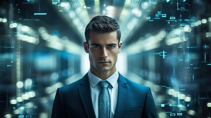 Fototapeta premium a businessman is in front of a interface computer display
