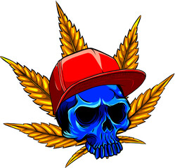 Vector illustration green Skull with yellow hat and marijuana leaves on the background. digital draw