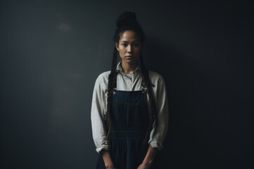 Fototapeta premium A thoughtful artisan woman dressed in a casual work apron poses against a dark 