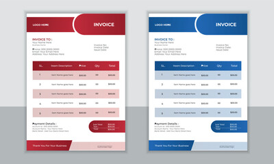 Business invoice form template. Invoicing quotes, money bills or price invoices and payment agreement design templates. 
invoice template design with color and concept variation bundle