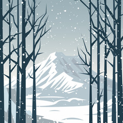 Winter holidays. Winter landscape with forest and mountains. Vector illustration