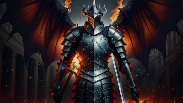 A demon with wings and iron armor, mystical and magical animation. A demonic knight with swords, transformations and metamorphose. AI generated video