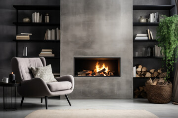 Living room with grey chair and fireplace.