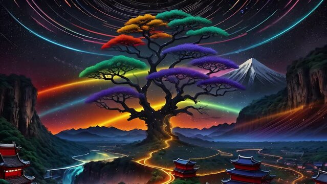 Psychedelic colorful animation with with a huge tree in the middle of the village, abstract illustrations transformations and metamorphose. AI generated cinematic video