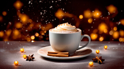 A white coffee with whipped cream in ceramic cup sitting on a black table and bokeh backdrop. Autumn and Winter mood.