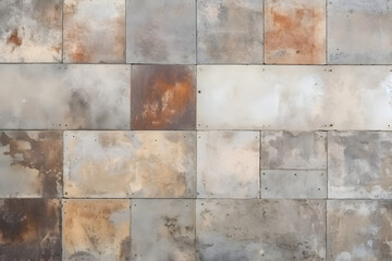 Old brown gray rusty vintage worn shabby patchwork motif tiles stone concrete cement wall texture background banner. generative ai.