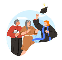 Parents and graduated student concept. Happy boy with graduation hat near mother and father. Education, learning and training. Cartoon flat vector illustration isolated on white background