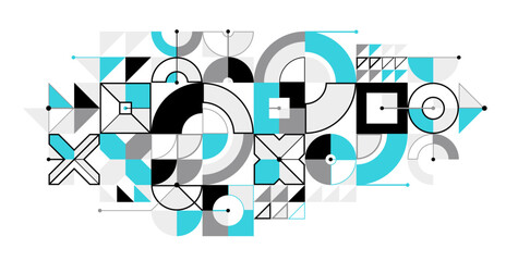 Fototapeta premium Abstract vector Bauhaus geometric background, tech engineering look like shapes and lines composition, mechanical engine industry style, network and digital data.