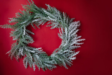 Christmas and New Year background with fir branches, fir trees, flat lay, top view, copy space....