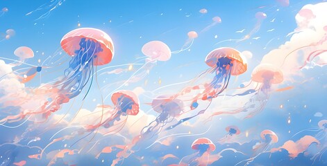 Bright colourful sky wallpaper. Tropical coastal art jellyfish magically floating in the blue sky and cloud.  Anime Style. - obrazy, fototapety, plakaty