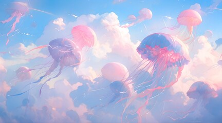 Bright colourful sky wallpaper. Tropical coastal art jellyfish magically floating in the blue sky and cloud.  Anime Style.