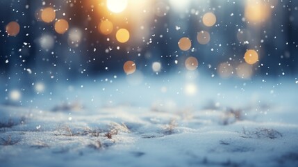 Texture of falling snow on a foggy background. Abstract silver and gold bokeh lights create a blur effect. Background for Christmas and New Year holidays with place for text.