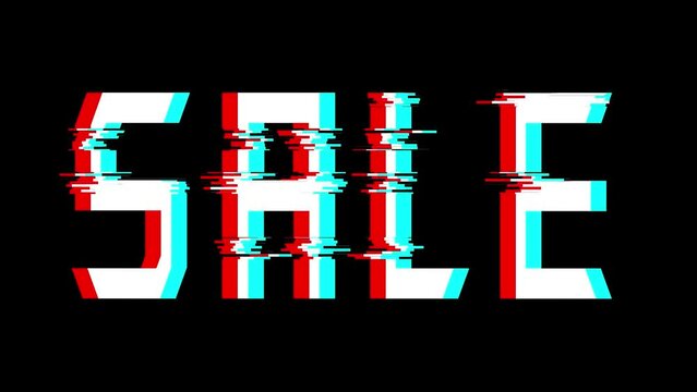 Sale word sign glitch effect anaglyph looped animation black background chromakey discounts display