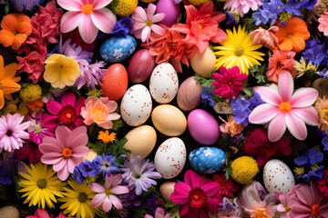 Obraz na płótnie Canvas Easter eggs with spring flowers