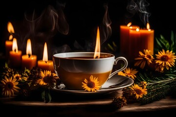Obraz na płótnie Canvas A cup of herbal tea with burning candles, aesthetically warm photo