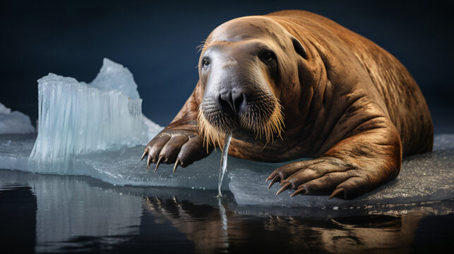 A picture of a walrus with a piece of ice