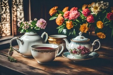 Obraz na płótnie Canvas Vintage tone photo of tea cup teapot and flowers creating a charming atmosphere