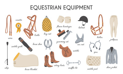 Horse riding colored flat icons vector set. Equestrian equipment illustrations in trendy modern hand drawn style. Equine sports signs. Dressage, show jumps elements. Horse stable tools.  - obrazy, fototapety, plakaty