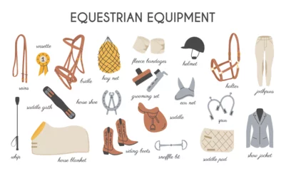 Foto op Canvas Horse riding colored flat icons vector set. Equestrian equipment illustrations in trendy modern hand drawn style. Equine sports signs. Dressage, show jumps elements. Horse stable tools.  © millering