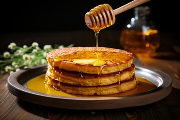 A warm, golden-brown Johnnycake fresh from the oven, served on a rustic wooden table with a dollop of melting butter and a drizzle of sweet maple syrup - obrazy, fototapety, plakaty