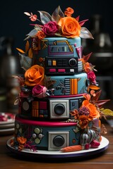 Retro-themed birthday cake inspired by the '80s or '90s, featuring bold colors and nostalgic elements, Generative AI