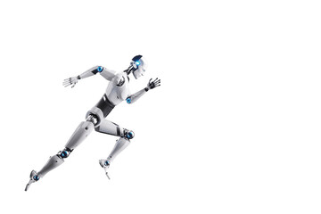 Technological modern robot, full body, in running pose on white background. Neural networks and artificial intelligence, technology, machine learning. 3D illustration, 3D rendering, copy space.