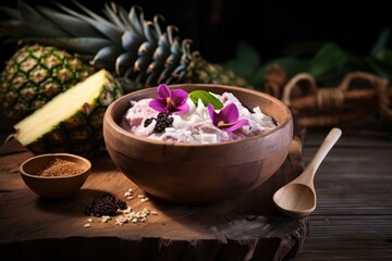 A traditional Hawaiian dish, Poi, made from the fermented root of the taro plant, served in a wooden bowl with a spoon, accompanied by fresh tropical fruits on a rustic table - obrazy, fototapety, plakaty