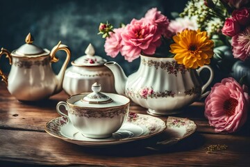 Vintage tone photo of tea cup teapot and flowers creating a charming atmosphere