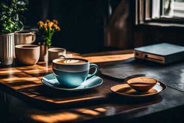 Minimalist lifestyle Coffee tea cup on table vertical aesthetic still life