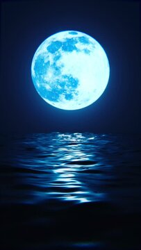 Big Blue Moon Reflected in Dark Wavy Water Surface. 3D Vertical Animation