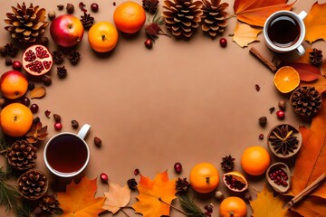 Autumn Flat lay composition. Cup of tea, autumn dry bright leaves, roses flowers, orange circle, cones, decorative pomegranate, cinnamon sticks on brown beige background top view