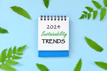 Year 2024 business sustainability trends concept. Beautiful flat lay composition in blue background.