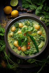 Green curry food in ceramic bowl, fusion of Thai- and Indian-style curries