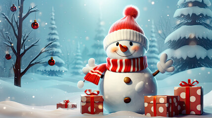 Merry christmas and happy new year greeting card with copy space, cute snowman for happy christmas and new year banner, Happy snowman standing in winter snow background 