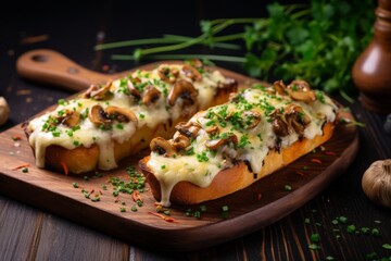 A delicious Zapiekanka, traditional Polish street food, served hot with melted cheese, sauteed mushrooms, and garnished with fresh chives on a rustic wooden table