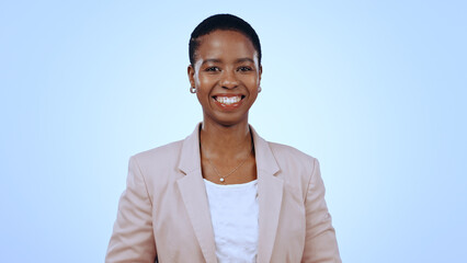 Portrait, business woman and smile in studio for paralegal job, pride and confident lawyer isolated on blue background. Happy african attorney working with trust for professional career in Nigeria