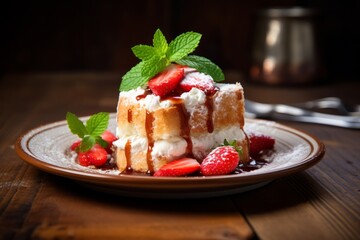 A heavenly slice of Angel Food Cake served on a vintage porcelain plate, garnished with fresh strawberries and mint leaves, against a rustic wooden backdrop
