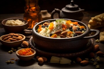 A traditional Indian sweet dish, Malaiyo, served in a clay pot with garnishing of dry fruits, showcasing the rich culture and culinary heritage of Varanasi, India